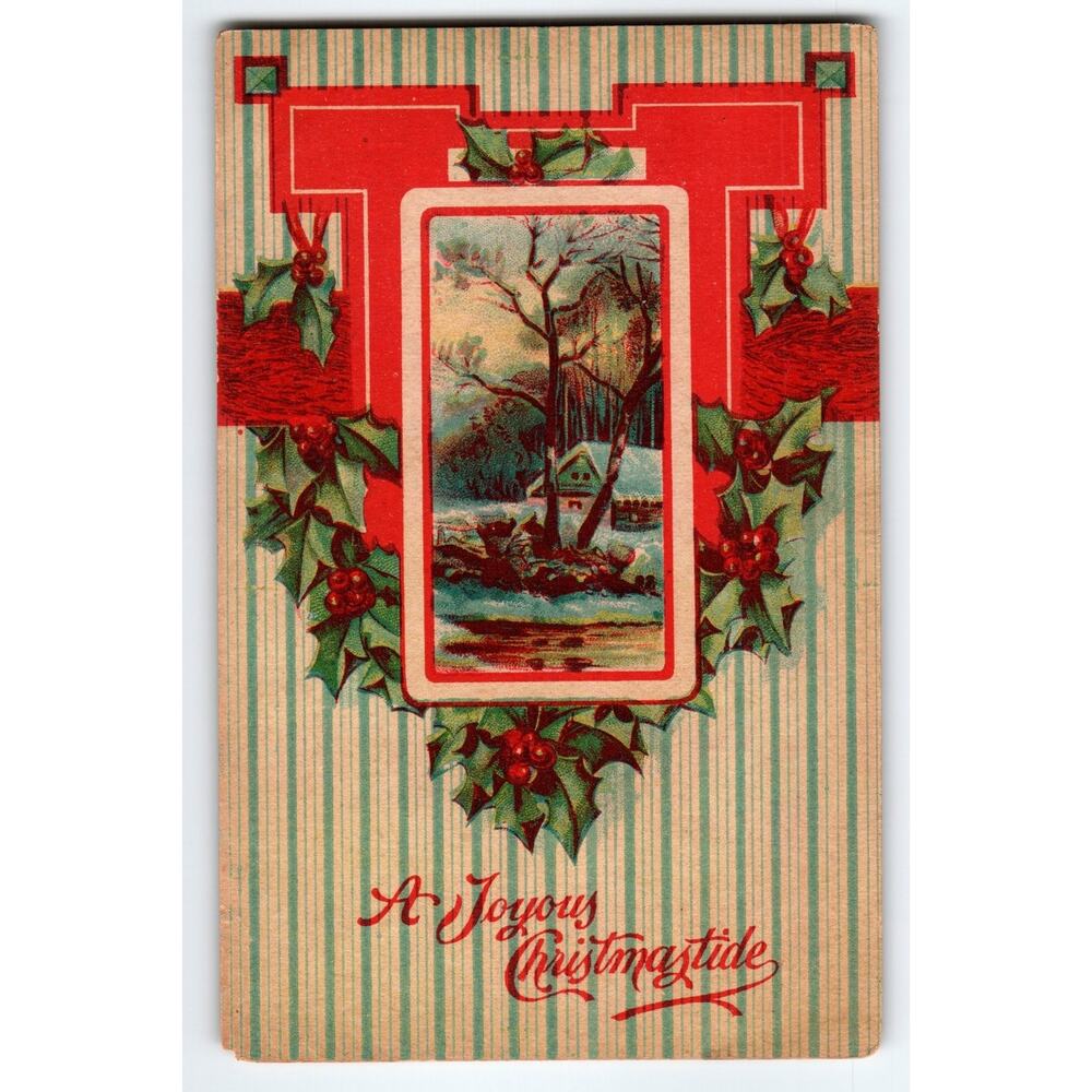 Vintage Christmas Postcard Winter Scene Holly Berries 5.5x3.5in